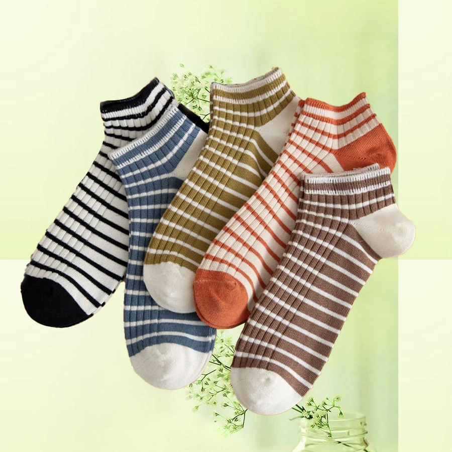 

5 Pairs/set Stylish Striped Short Socks for Women Cotton Casual Home Outdoor Cute Funny Harajuku Ankle Type 5 Pack