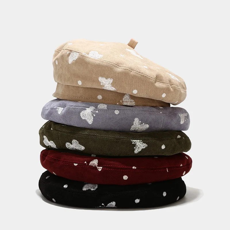 

Spring Autumn Berets Hat For Women Fashion Butterfly Embroidery Newsboy Hat Beanie Casual Artist Painter Cap Bonnet Beret Femme