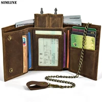 genuine leather wallet for men male vintage cowhide short trifold mens purse card holder key slot money bag with chain brown