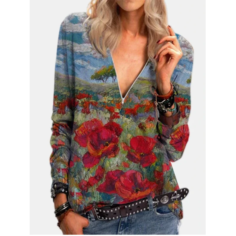 

Women T-shirt Jumpers Long Sleeve Loose Casual Zipper V-neck Women Tops Pullovers Tee Shirts For Woman Flowers Printing