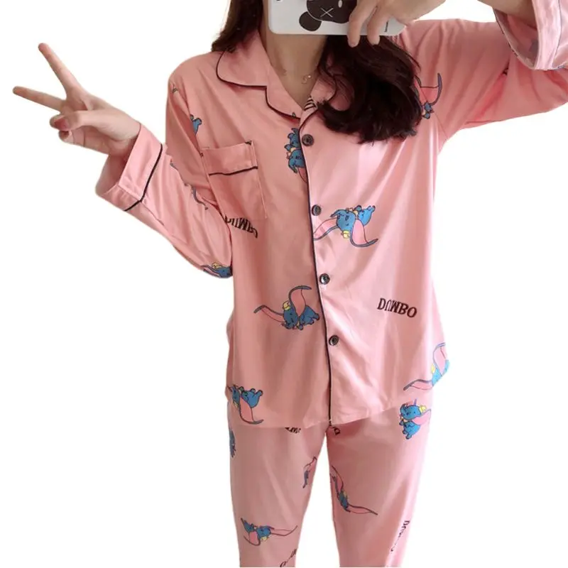 2 Женский пижамный комплект Kawaii С мультяшным принтом, пижама с длинным рукавом, на пуговицах, с круглым вырезом, свободные штаны, домашняя одежда, M-2XL, 19 видов стилей - Цвет: 2