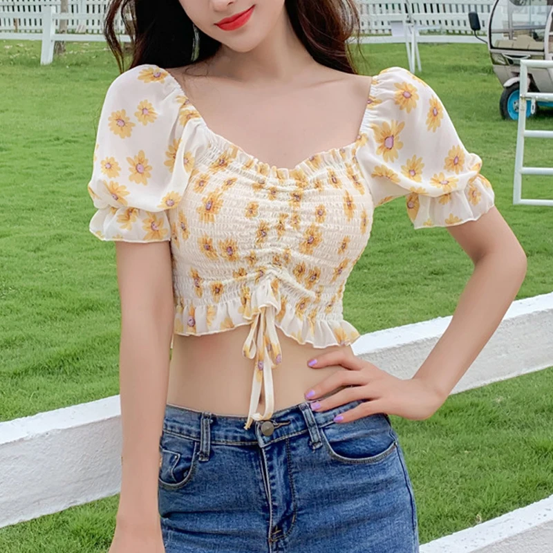 

2021 New Women's Floral Print Short Sleeve Summer Slash Neck Sexy Sweet Pleated Shirt Tops