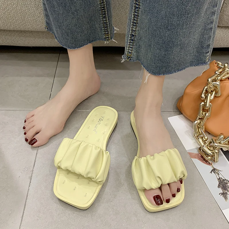 

Shoes Women Female Slippers Luxury Slides Soft 2021 Designer Summer Flat PU Pleated Basic Rome Shoes Slippers Women Summer Luxu