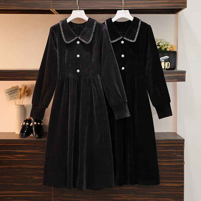 

2021 Autumn Women Corduroy Dress Vintage Ruffle Party Dress Elegant Korean Long Sleeve Button Korean Office Dresses Vestidos BIG