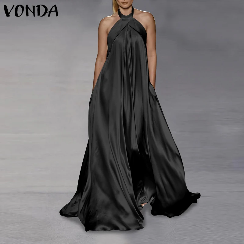 

VONDA Summer Sleeveless Off Shoulder Maxi Dress 2021 Women Sexy Backless Party Halter Dresses Kleid Sundress Satin Slik Vestidos