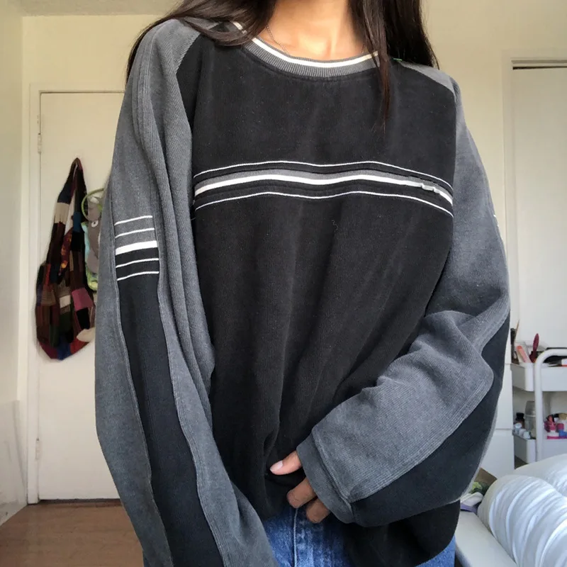 

Autumn Women Casual Y2K Sports Sweatshirts Ladies Female Long Sleeve O-Neck Stripe Tops Oversized Hoodies Pullovers Streetwear