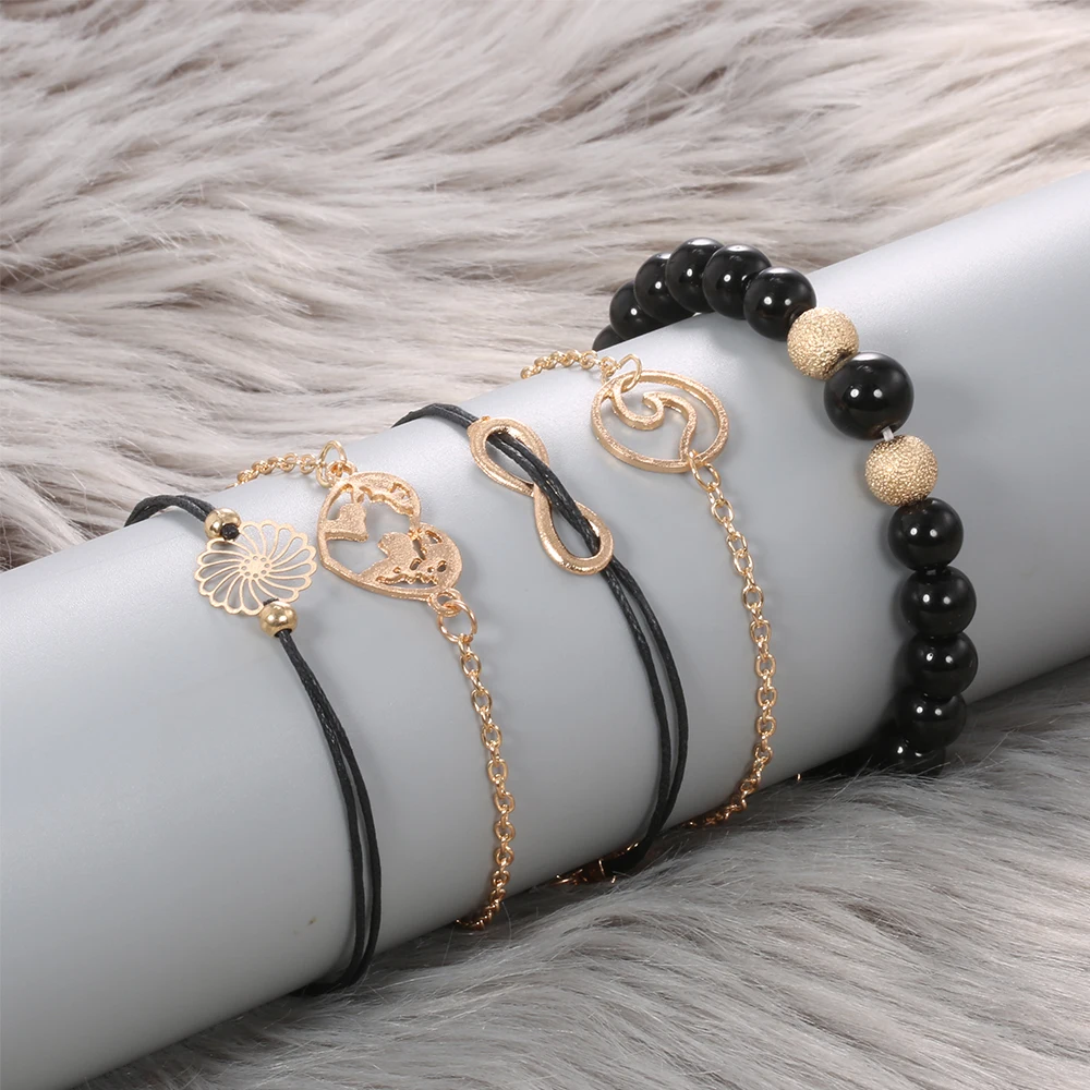 

5 Pcs/set Boho Heart Map Hollow Flower Bead Multilayer Bracelet For Women Chain Bracelet Exquisite Gold Chain Bracelet Set