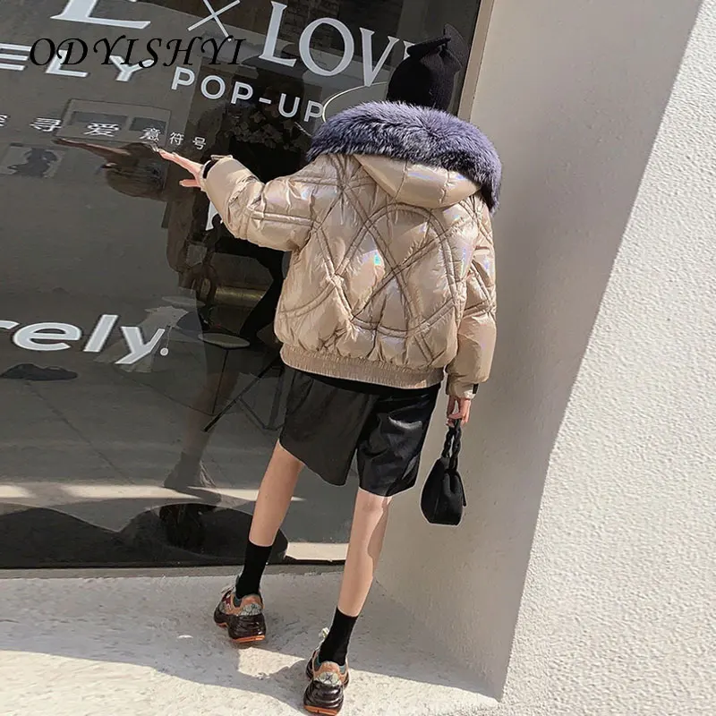 

Winter Women Jacket Hooded Real Big Fur Collar Shiny Loose Short Down Coat Parka 2020 New Clothing Thick Warm Outwear Female D61