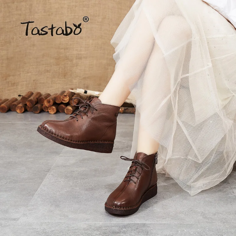 

Tastabo Genuine Leather ladies ankle boots Vintage elegant Women's boots Brown Black S9916 Low heel flat Comfortable Soft sole