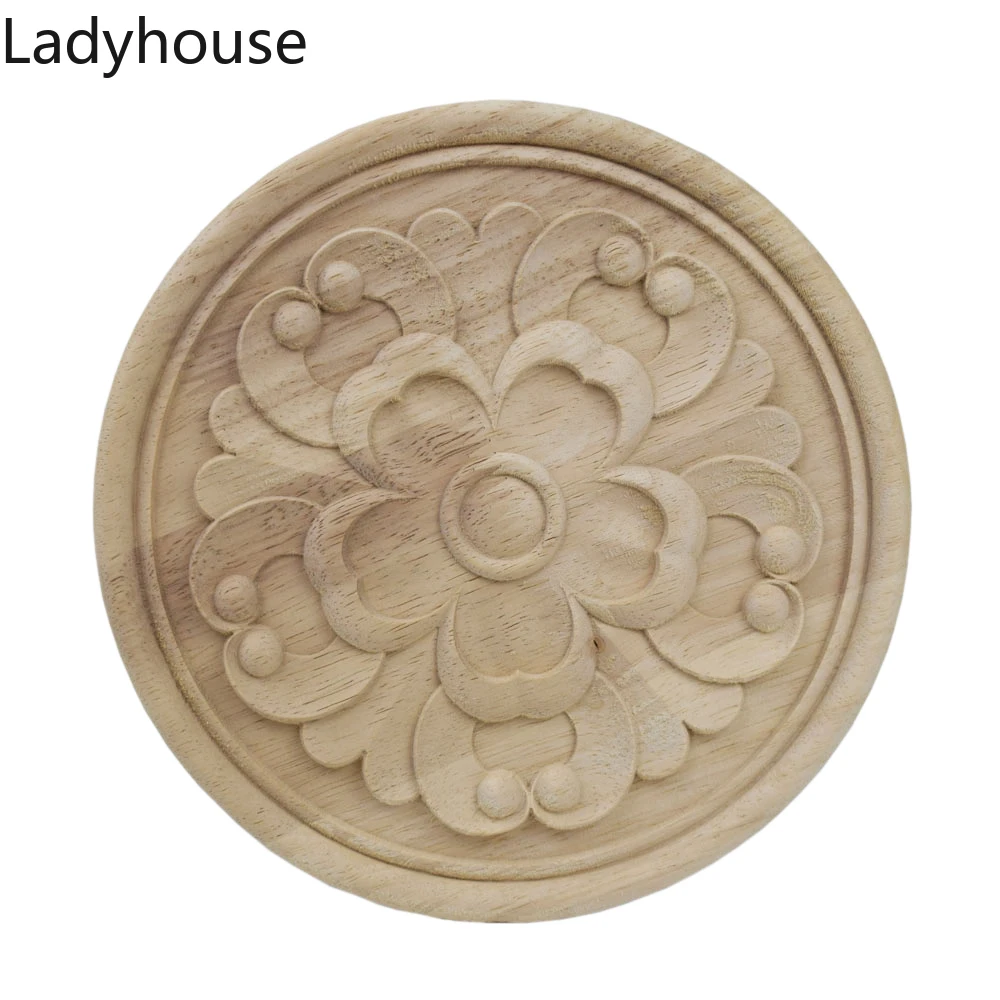 

2PCS Round Flower Exquisite Carving Wood Appliques Furniture Wooden Mouldings Vintage Unpainted Accessories Decoration Decal