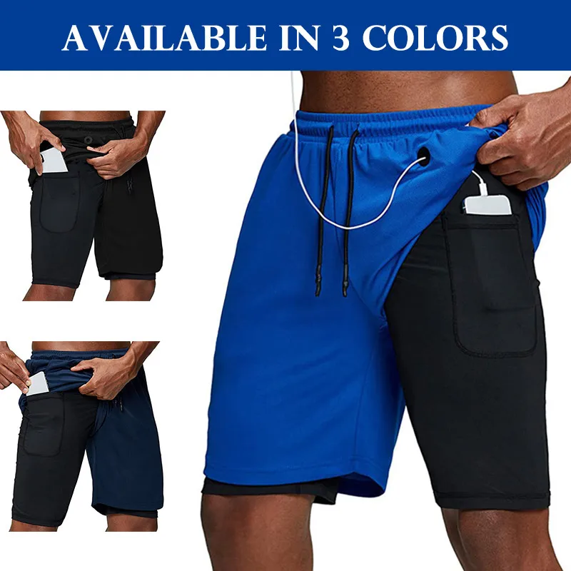Мужские музыкальные шорты 2 в 1 для бега с карманами безопасности быстросохнущие
