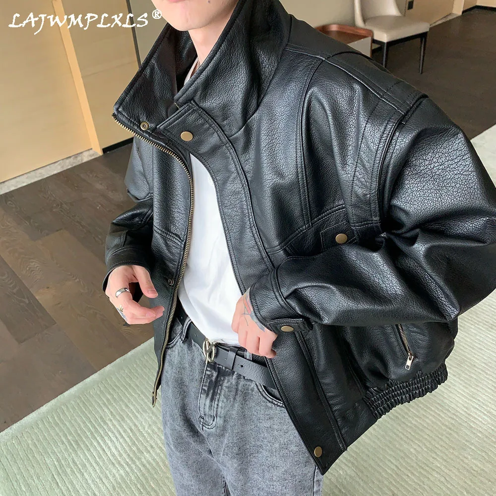 

Мужская одежда, весеннее новое пальто оверсайз, корейский тренд, свободная повседневная куртка из искусственной кожи, мужская одежда на мол...