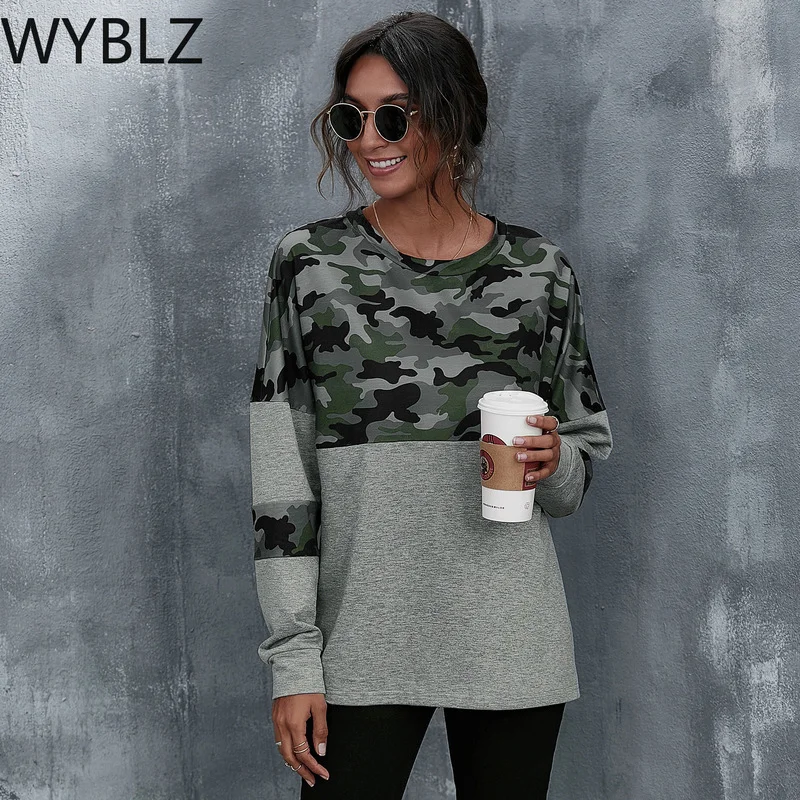

WYBLZ Long Sleeve Tops O Neck Loose Fashion Blouse Women Camouflage Print Patchwork Casual Knit Homewear Bottoming Top for Women