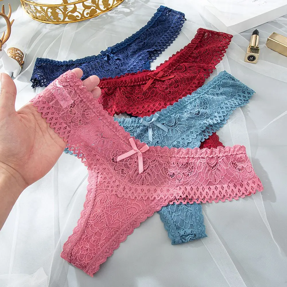 

Женское кружевное нижнее белье, соблазнительные Трусы средней посадки, стринги с бантом, однотонные удобные женские трусики, нижнее белье, ...