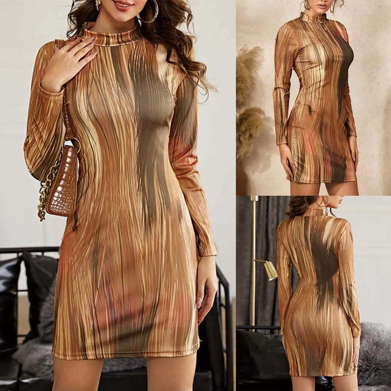 

Tie-Dye Printed Long-Sleeved Sexy Women's Dress Autumn and Winter Colorful Round Neck Tight Sexy Short Dress