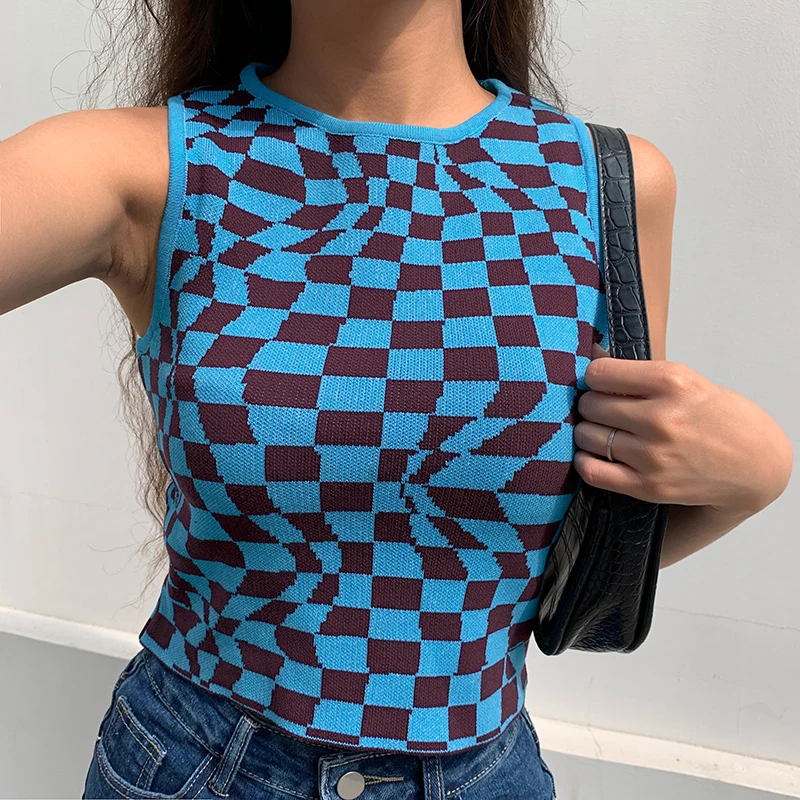 

2021 School Plaid Y2K Knitted Crop Tank Tops Women Summer Vintage Sleeveless Cropped Top Tees Koreank Casual Knitwear Streetwear