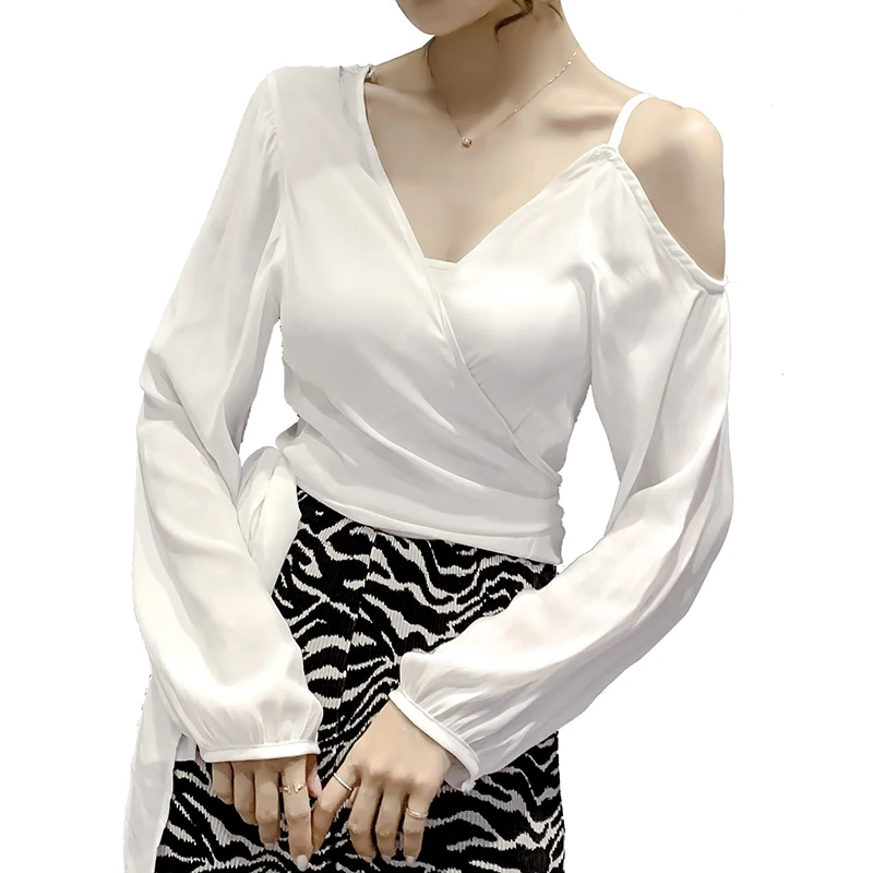 

Hollow Out Off Shoulder V-neck Women's Clothing Crop Top Slim Low-cut Autumn Female Korean Fashion Clothes Asymmetric Shirts New