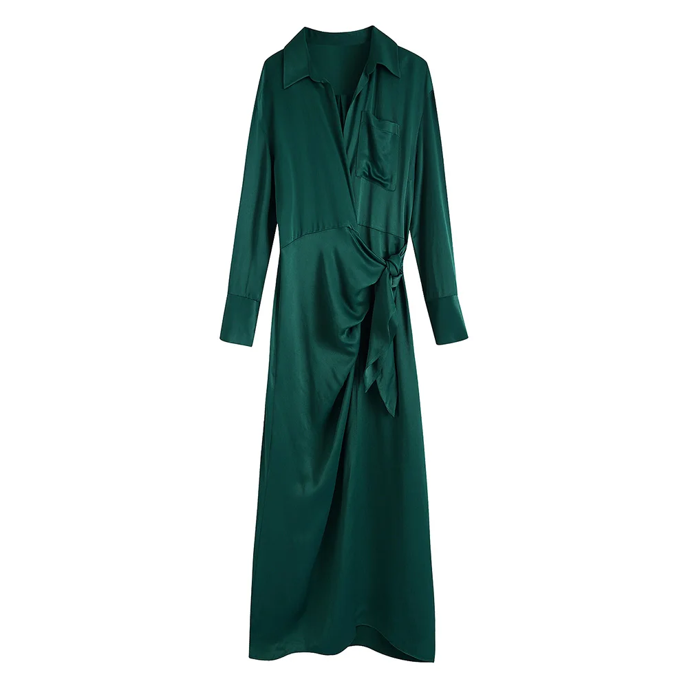 

Модное элегантное платье-рубашка с v-образным вырезом и воротником, женское платье с длинным рукавом, карманное атласное платье миди, талия, ...