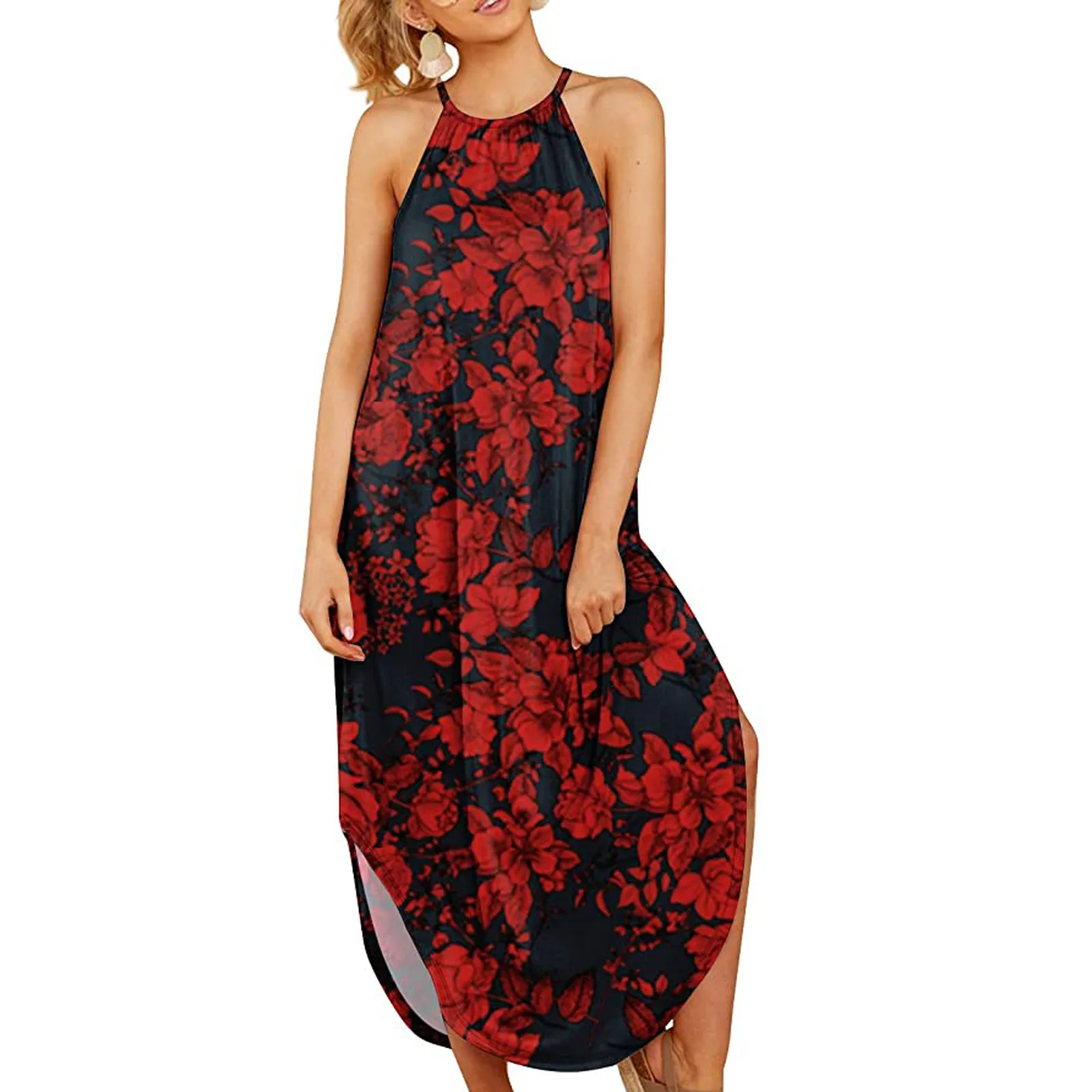 

Fashion Women Printed Halter Long Skirt Casual Side Split Pullover Dress Vacation Clothes Print Sexy Beach Dress