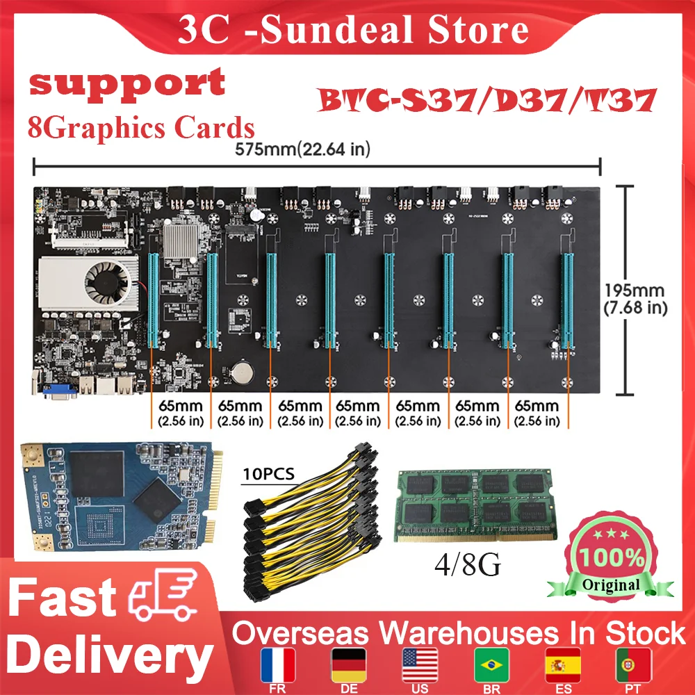 

BTC D37 T37 S37 Mining Motherboard for 8 GPU Graphics Card with 8GB DDR3 128GB mSATA SSD 8 Pin Power Cable ETH Bitcoin Miner