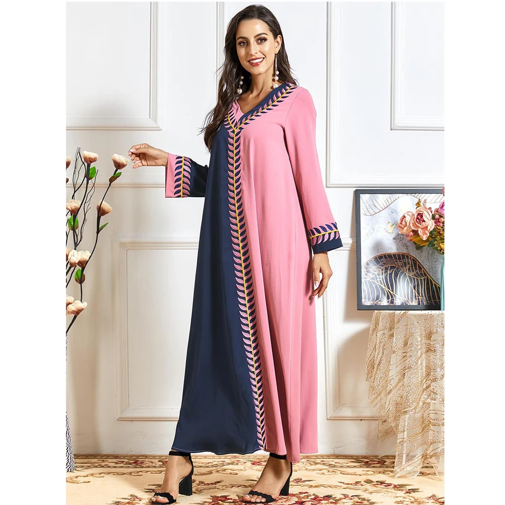 

Abaya Muslim Women Embroidery Long Dress Arab Jilbab Turkish Dubai Kaftan Embroidery Patchwork Color Block Casual V-neck Fashion