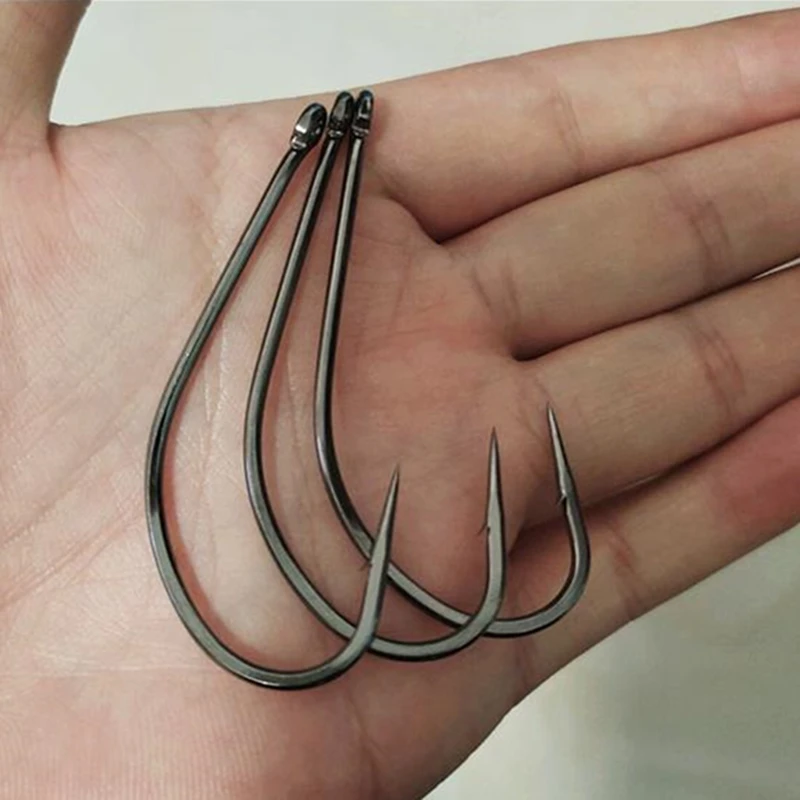 

50 High Quality Fishing Hook With Long Handle And Hole High Carbon Steel Offset Angling Hook With Black Nickel Coating