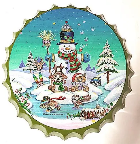 

Retro Sign Snowman Cartoon Style Bottle Caps Retro Metal Tin Sign Diameter 13.8 Inches - Handcrafts Home Decor Bar Plaque Lounge