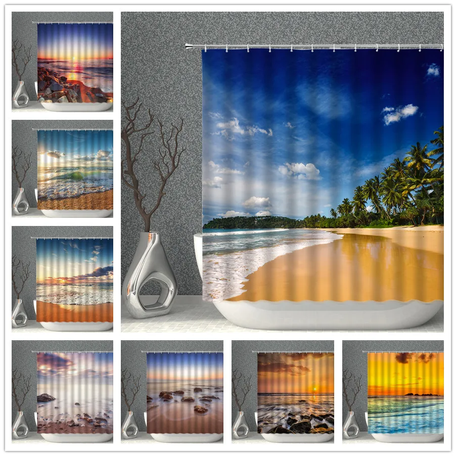 Высококачественные тканевые занавески для душа с принтом солнечного пляжа