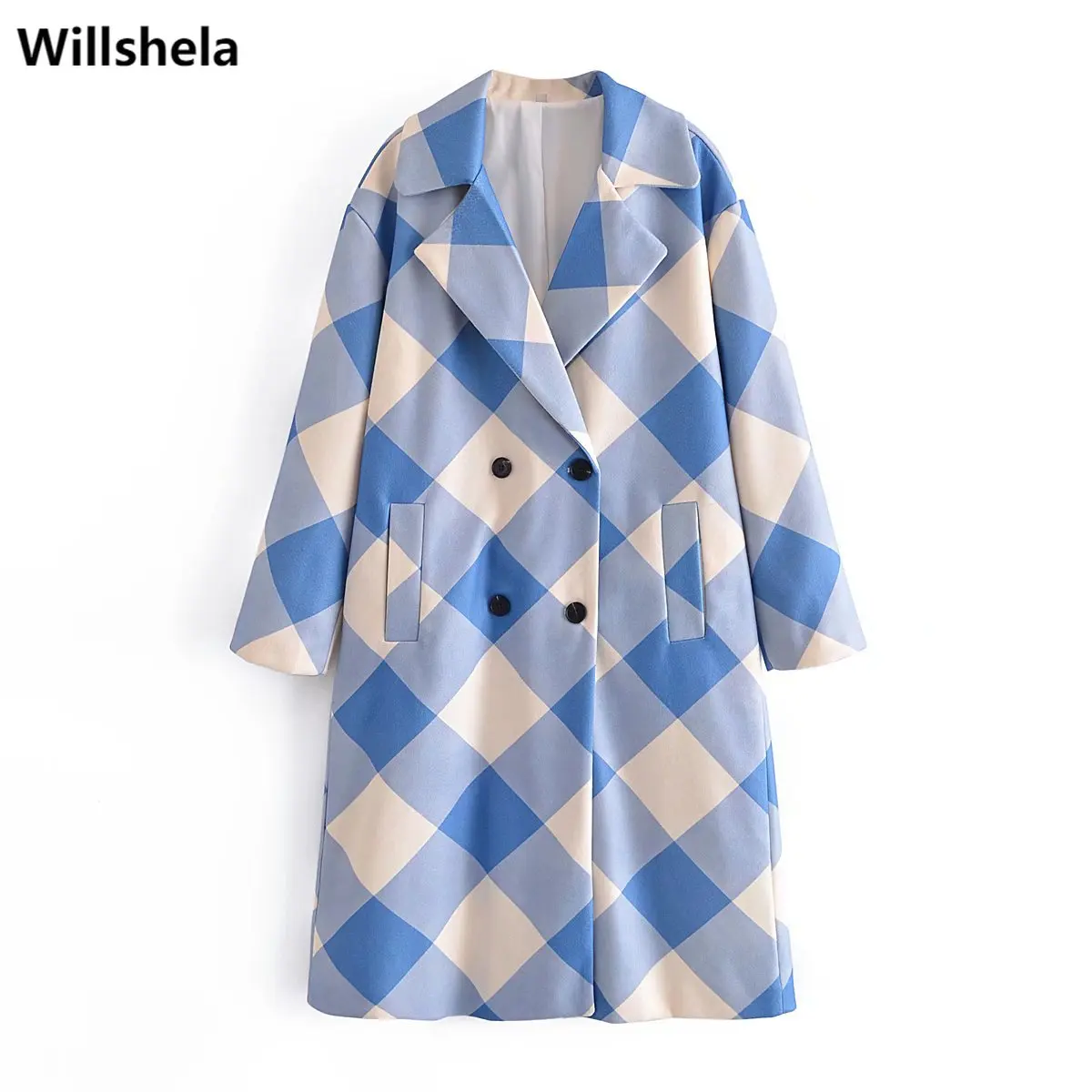 

Willshela Women Fashion Oversized Blue Checkered Long Coat Side Pockets Lapel Collar Long Sleeves Vintage Woman Warm Outwear