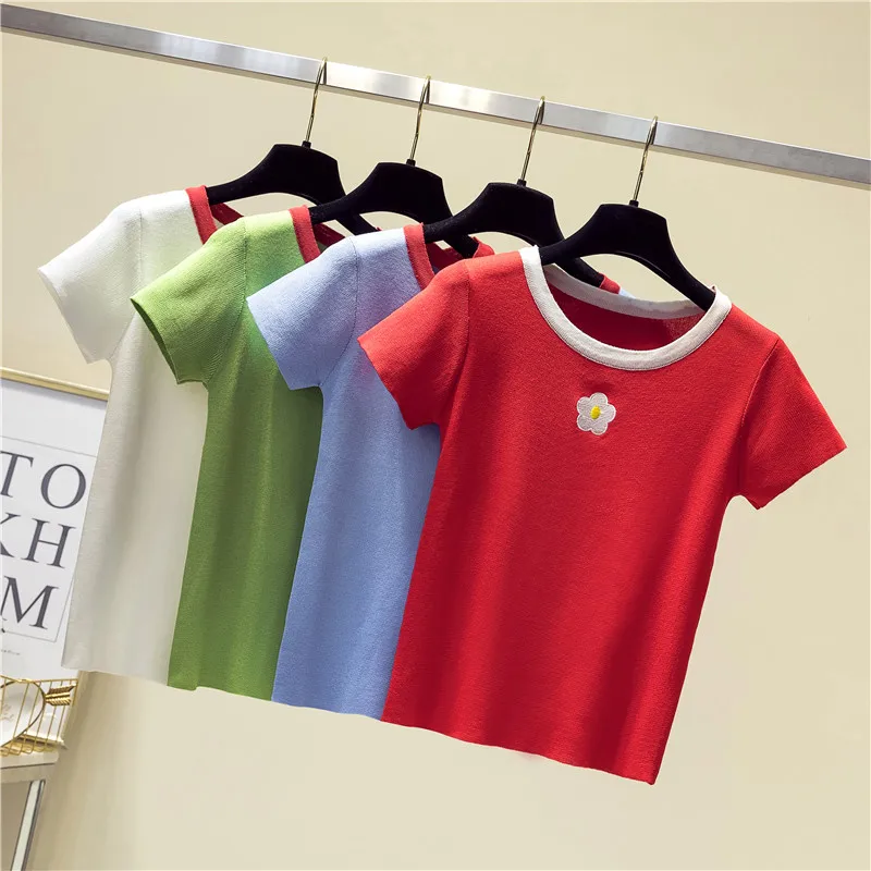 

Новые летние вязаные женские футболки, модные повседневные женские футболки с коротким рукавом и вышивкой, облегающие Женские футболки из ...