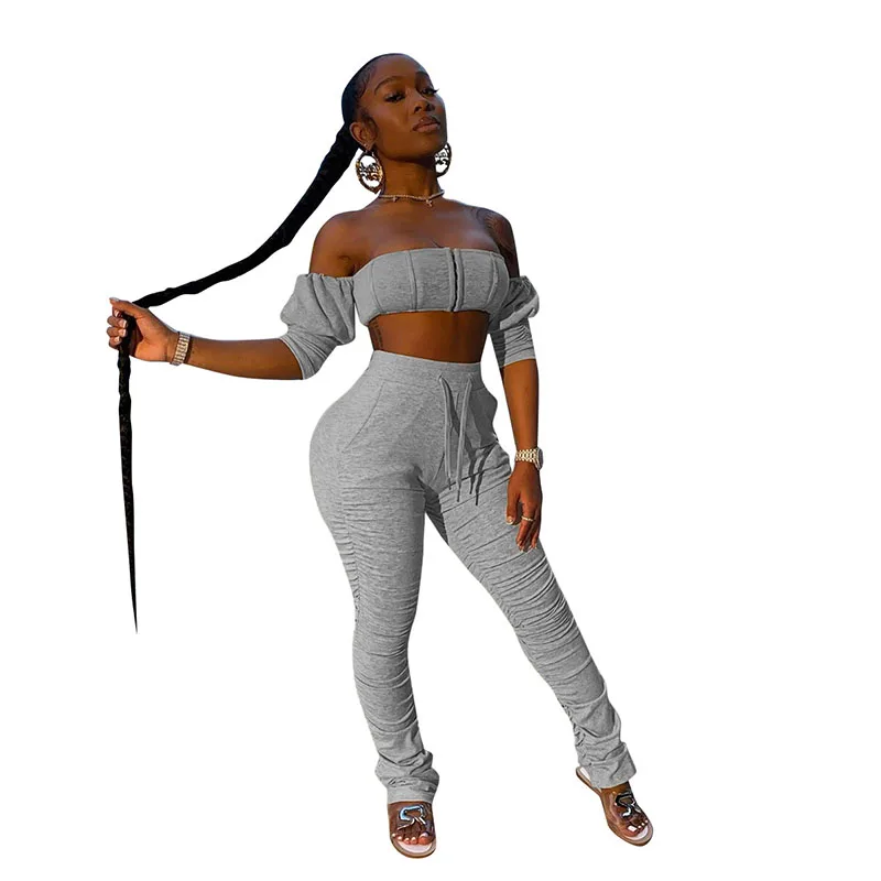 

Summer Two Piece Set Women Slash Neck Short Crop Top and Stacked Leggings Pants Set Sexy Club Outfits Dropshipping Wholesale