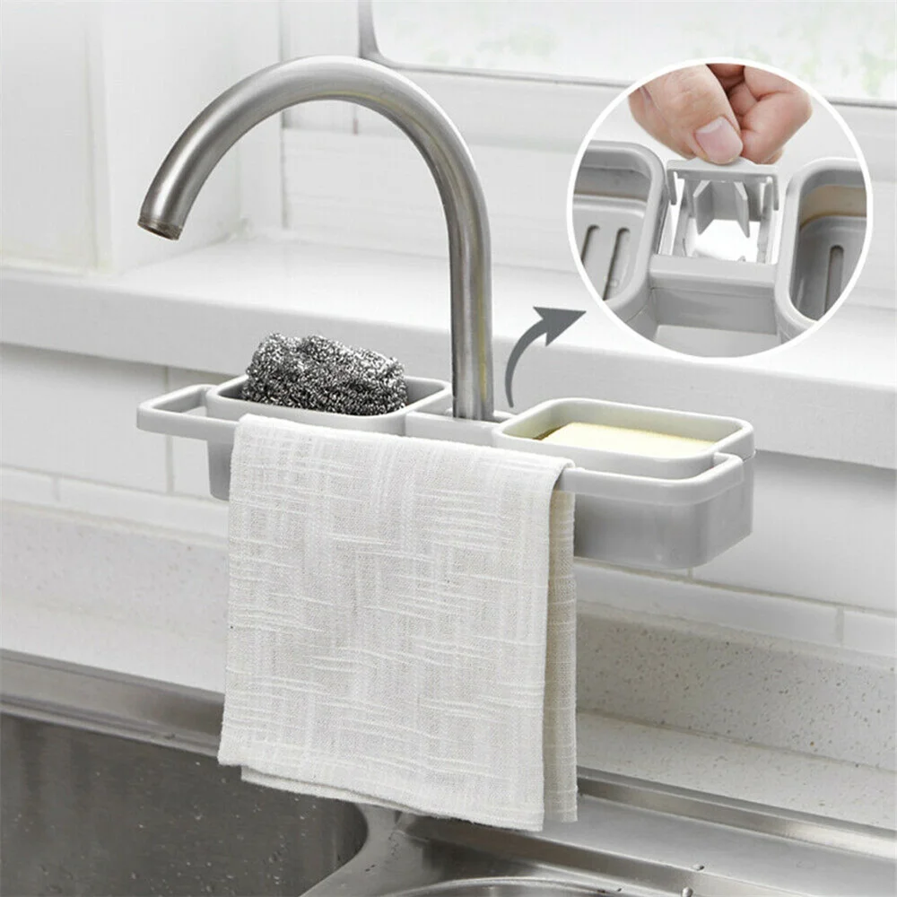 Snap-on Adjustable Sink Storage Rack Faucet Holder Soap Sponges Caddy Organizer Basket With Towel hanging Rod Kitchen Tool | Дом и сад