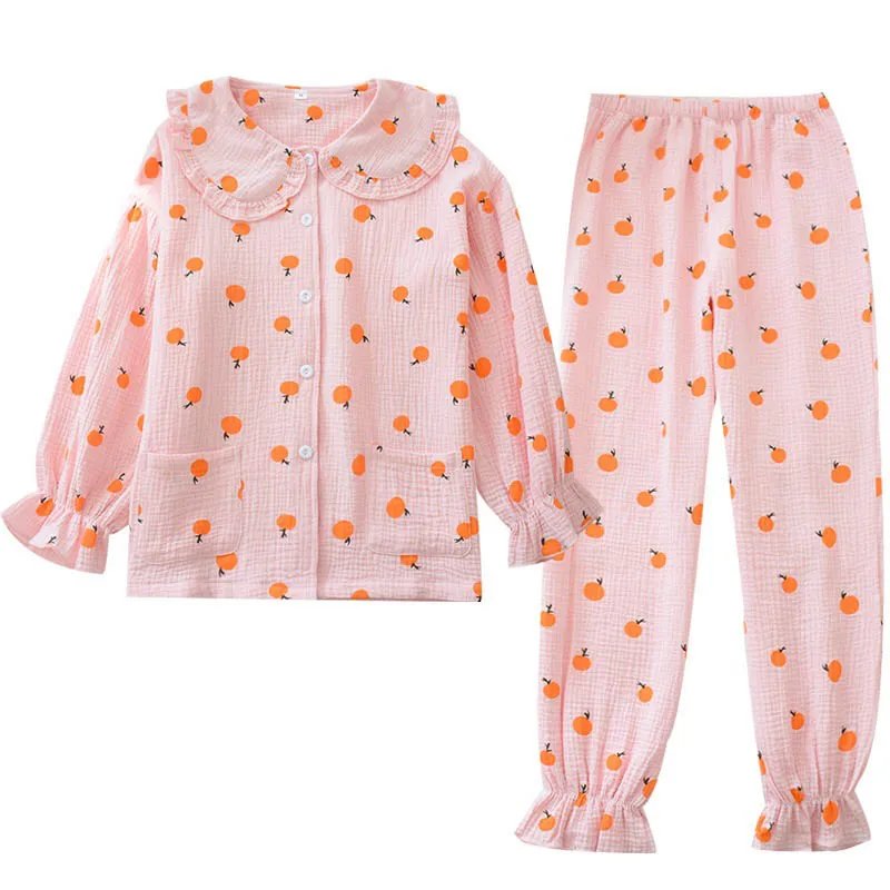 

Spring&Fall New Comfort Gauze Cotton Women Pajamas Set Cartoon Grapefruit Printed Sweet Doll Collar Sleepwear Ladies Homewear