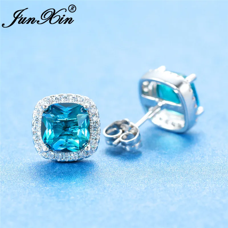 Geometric Square Stud Earrings White Gold Rose Colorful Rainbow Fire Crystal Blue Green Zircon Wedding For Women | Украшения и