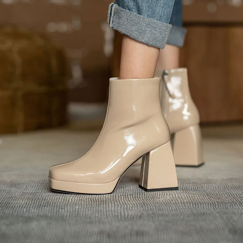 

Short Boots 2021 New Autumn And Winter Fashion Square Head Waterproof Platform Side Zipper Thick Heel High Heel Women's Simple