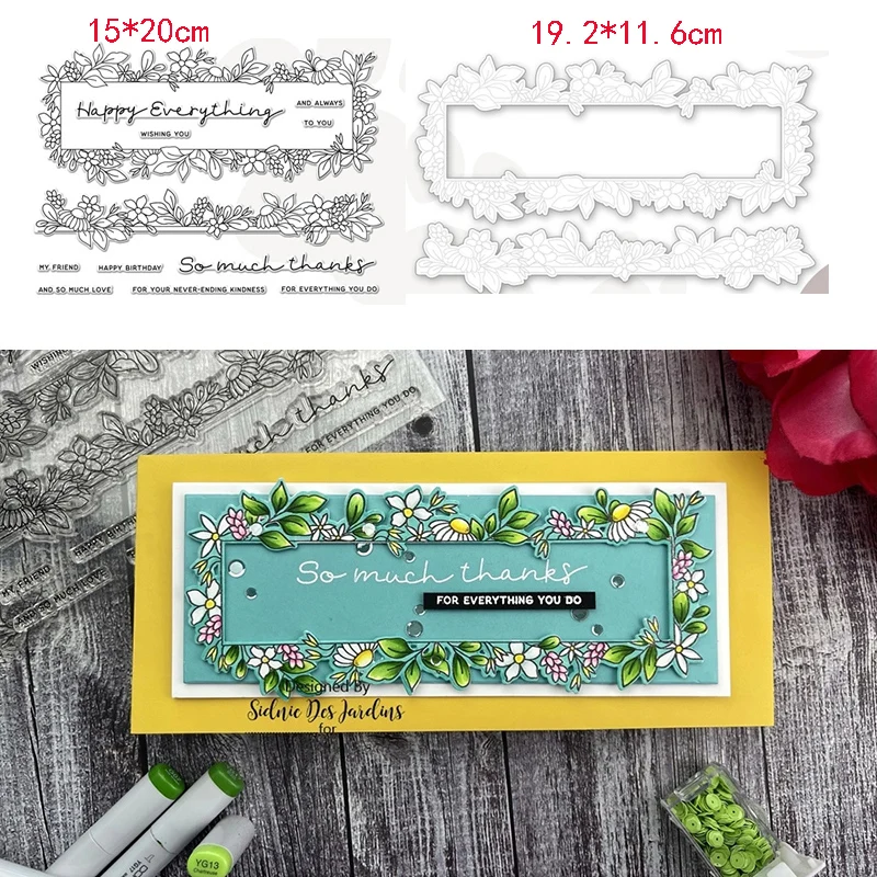 

Happy Everything Wreath Flowers Words Metal Cutting Dies and Clear Stamps Scrapbooking Craft Stencil Album Paper Template Decor