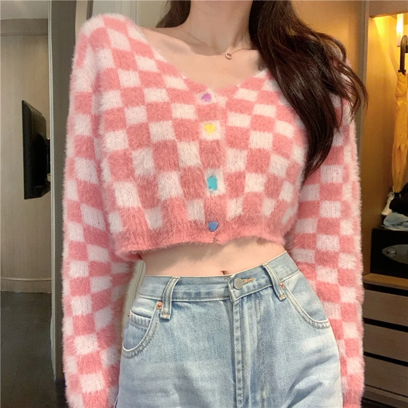 

Kawaii клетчатые мохеровые вязаные кардиганы для женщин розовый ретро свитер свитера Повседневный свитер осень зима Дамский свитер укороченн...