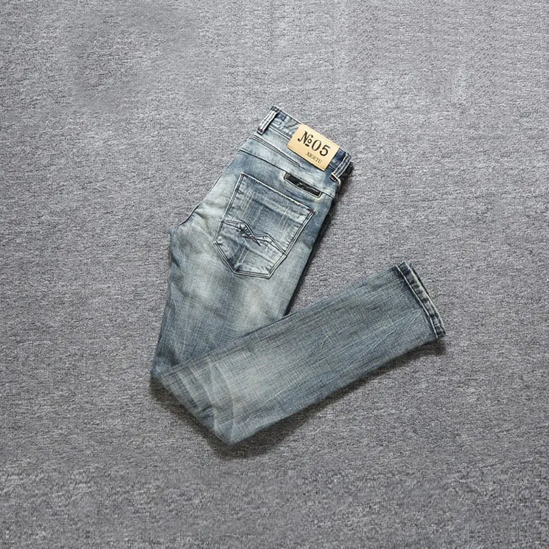 European Street Fashion Men Jeans Retro Gray Blue Elastic Slim Fit Ripped Jeans Men Vintage Designer Stretch Casual Denim Pants