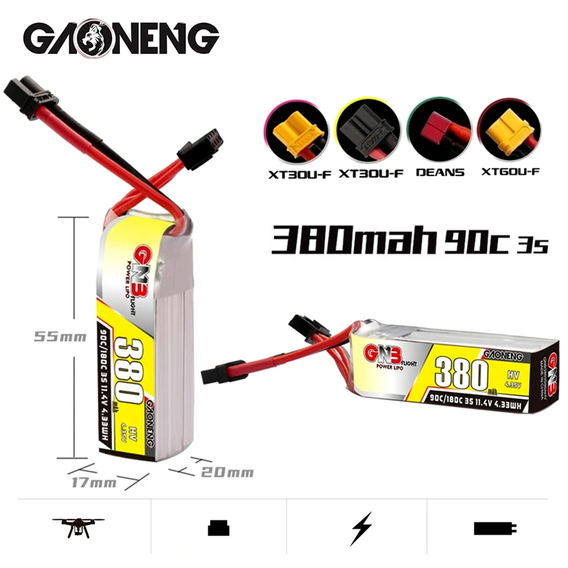 

1-10PCS Gaoneng GNB 380mah 3S 11.4V 90C/180C HV Lipo Battery XT30U-F Plug For BETAFPV Beta75X 3S Beta65X 2S Whoop Drones parts