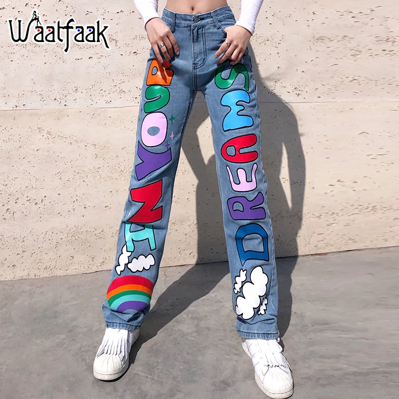 

Женские джинсы в стиле хиппи Waatfaak Y2K, узкие прямые джинсы-карго с принтом, джинсовая уличная одежда, винтажные сказочные брюки Alt E Girl 2022