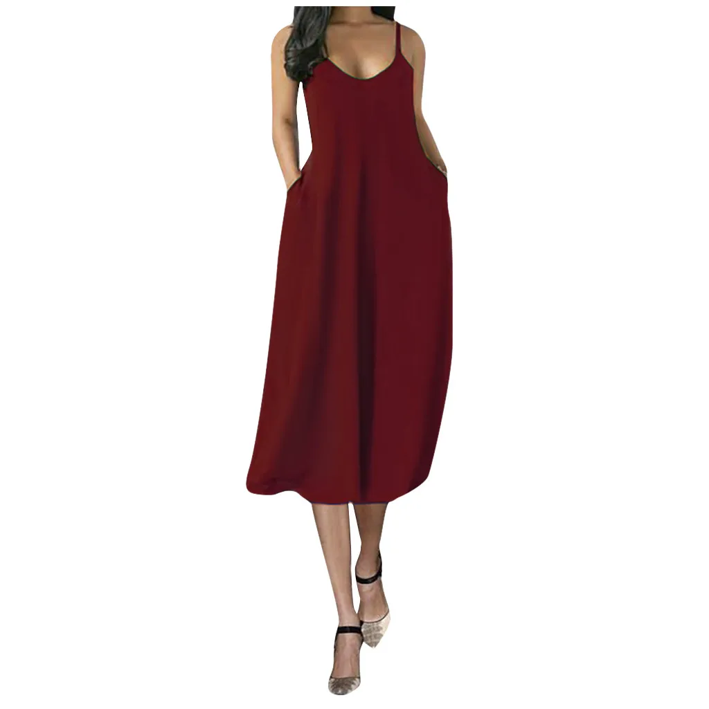

Fashion Women Sexy Spaghetti Dress Female Solid Sleeveless O-Neck Pockets Camisole Party Dress Summer New Ladies Plus Size Dress