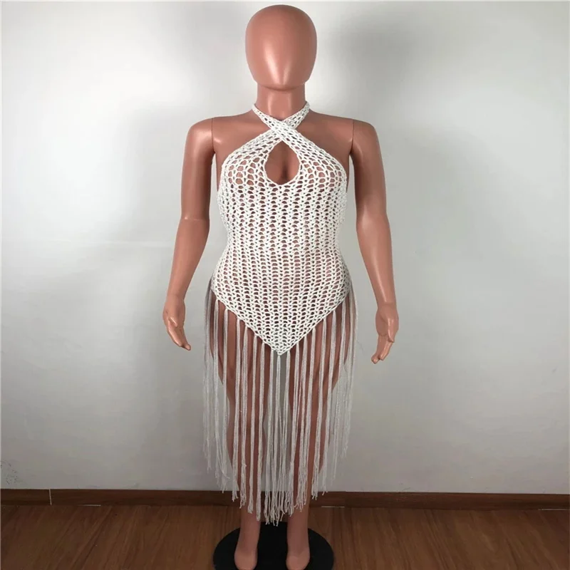 

New Hand Crochet Fishnet Long Tassel Summer Beach Dress Fashion Sexy Halter Backless Maxi Dress Women Tunic Swimwear Outfits