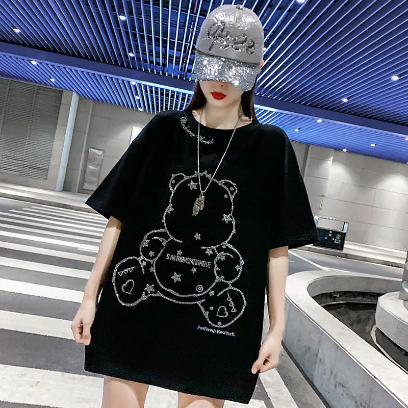 

Flash Diamond Loose Short-sleeved T-shirt Women's Mid-length Style Oversize 2021 Summer New ins Nightclub
