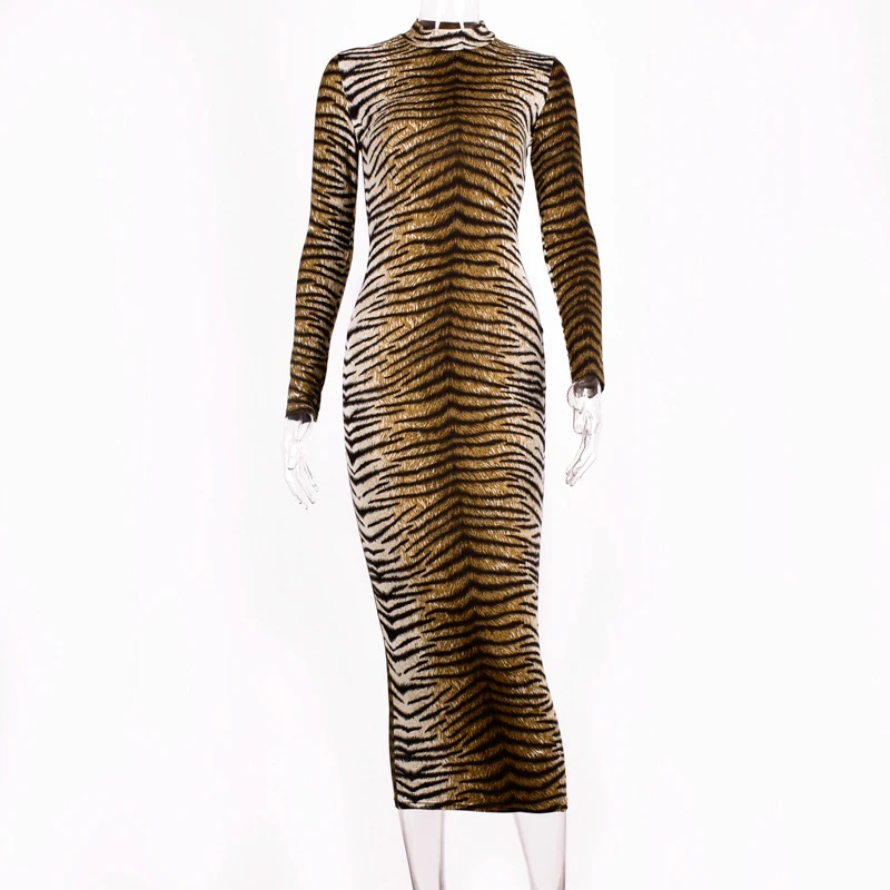 971080 Tiger Print Леопардовое платье с длинным рукавом, облегающее сексуальное платье, Осень-зима, женская уличная одежда, вечерние, Клубные, праздничные платья, верхняя одежда с животными - Цвет: 971080 Tiger Print