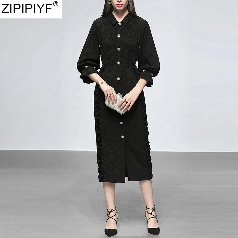 Летняя мода 2020 рукав фонарик 3/4 зазубренный воротник черный блейзер платье для