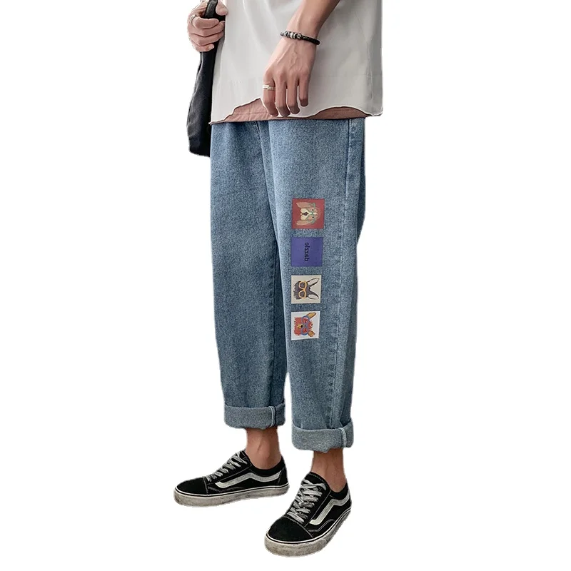

New Mens Loose Jeans Black / Blue Elastic Waist Cartoon Print Korean Street Hip Hop Straight Fashion Casual Harajuku Pants 5XL