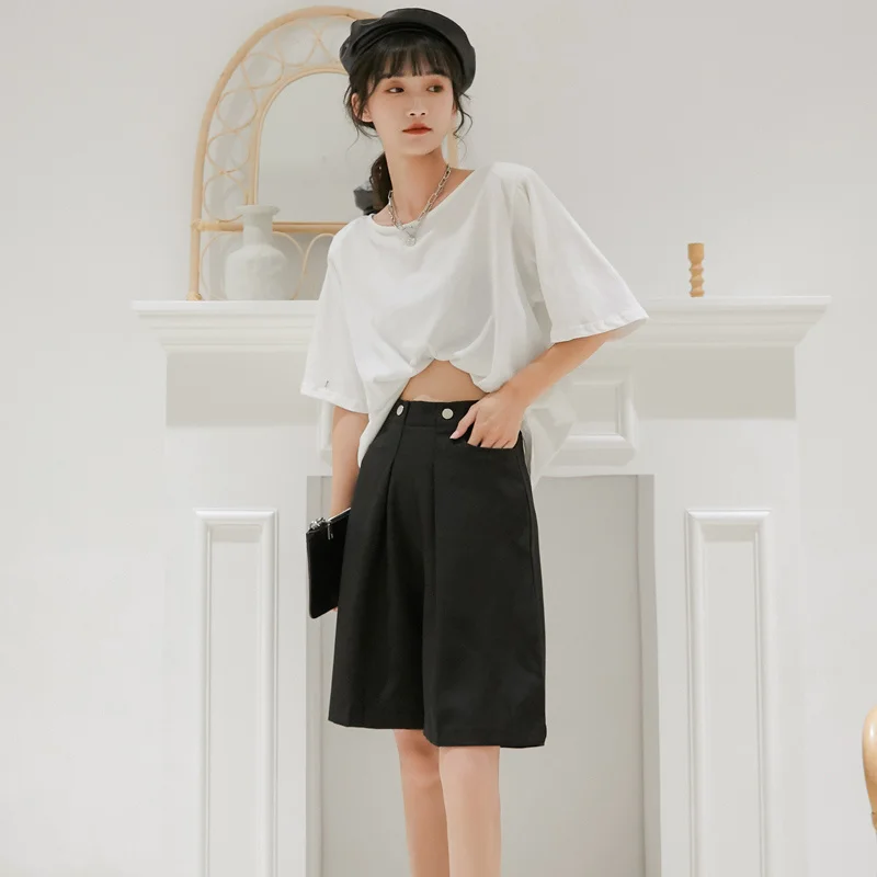 

Kimotimo Women Knee Length Pant Ins 2021 Summer Korean Chic Solid Empire Thin Straight Loose All-match Suit Pant Office Lady