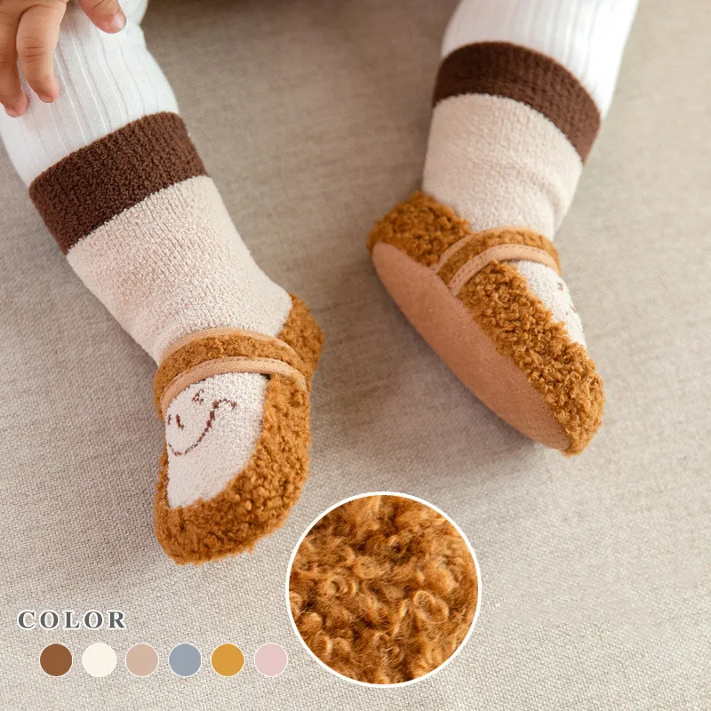 

Baby First Walkers Shoes Non-slip Toddler Floor Socks Boys Girls Newborn Shoes Coral Fleece Warm Indoor Soft Unisex Long Socks