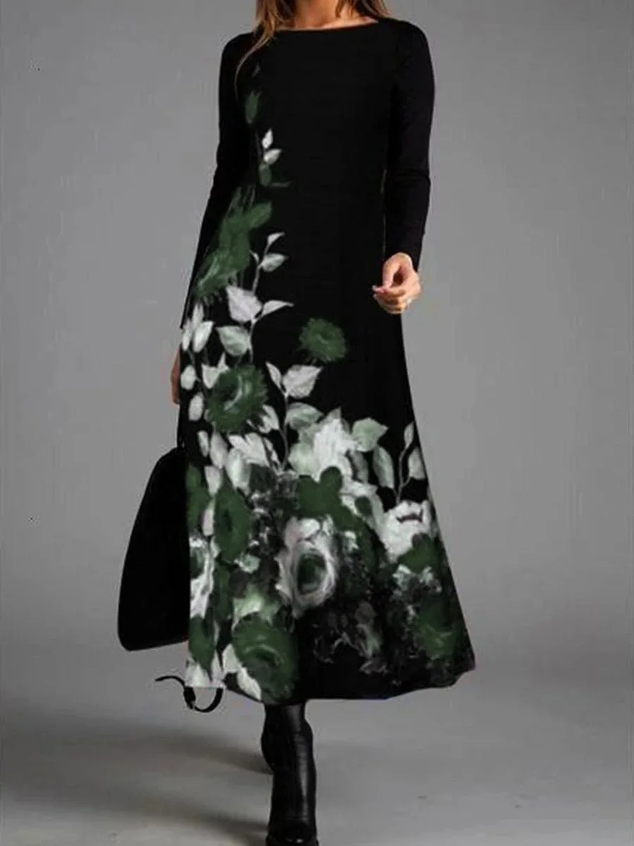 aliexpress.com - Black Dress Vintage Women Fashion Floral Print Dress Casual Long Sleeve Midi O Neck Ladies Maxi Elegant Party Boho Prom Dresses