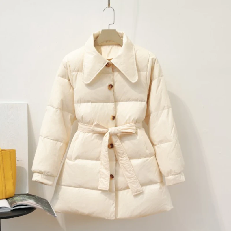 

Fitaylor Winter Ultra Light Doll Collar Jacket Women Loose Single Breasted Sash Tie Up Outwear Warm Snow White Duck Down Coat